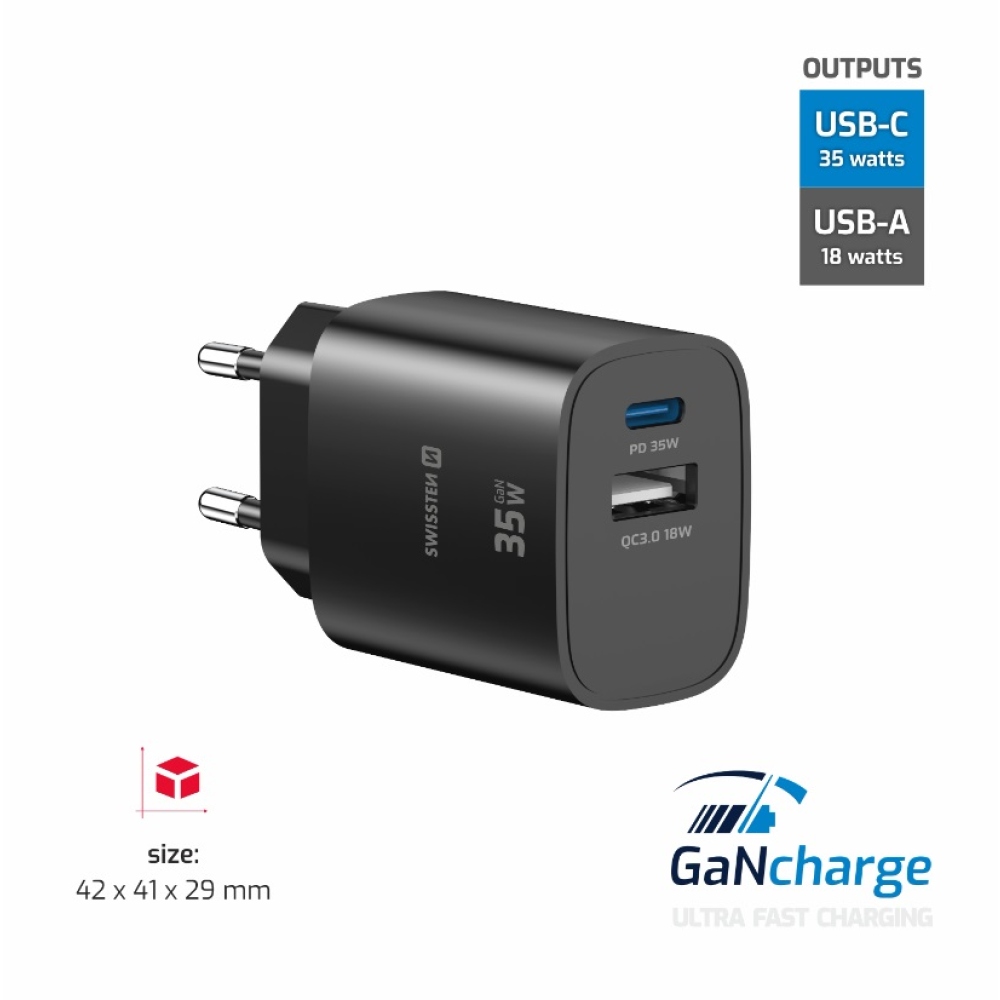 SWISSTEN sieťový adaptér edge GaN 1x USB-C PD 35W + 1x USB-A 18W QC - čierny