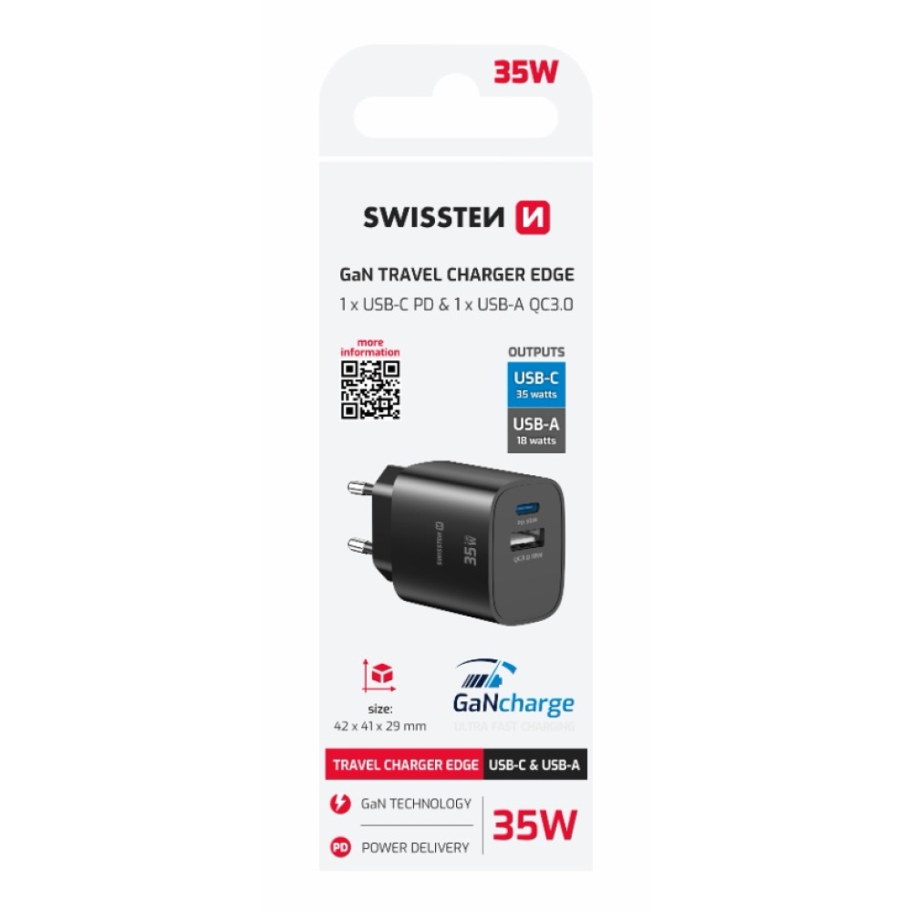 SWISSTEN sieťový adaptér edge GaN 1x USB-C PD 35W + 1x USB-A 18W QC - čierny