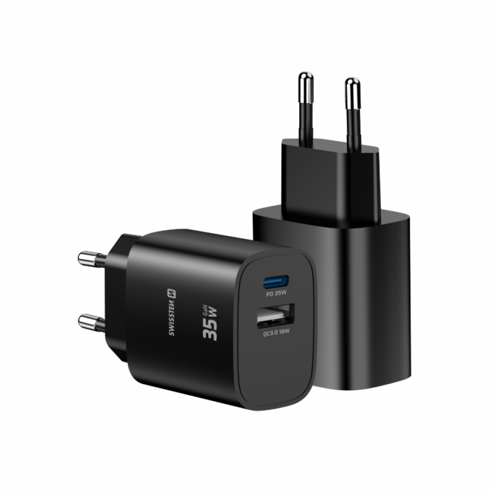 SWISSTEN sieťový adaptér edge GaN 1x USB-C PD 35W + 1x USB-A 18W QC - čierny
