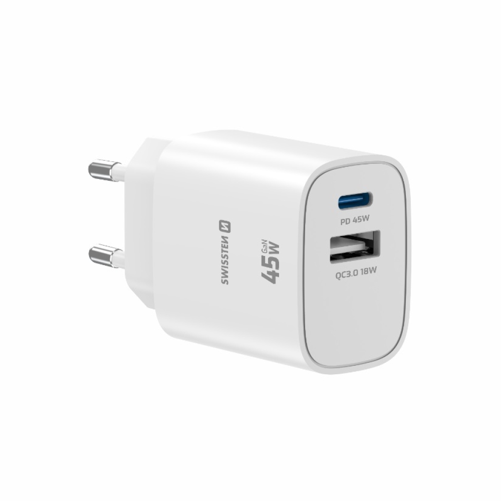 SWISSTEN sieťový adaptér edge GaN 1x USB-C PD 45W + 1x USB-A 18W QC - biely