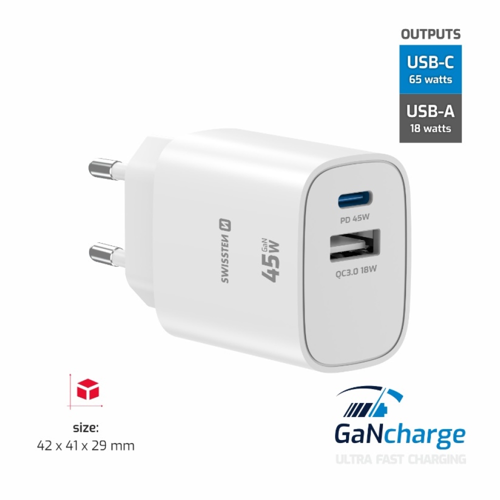 SWISSTEN sieťový adaptér edge GaN 1x USB-C PD 45W + 1x USB-A 18W QC - biely