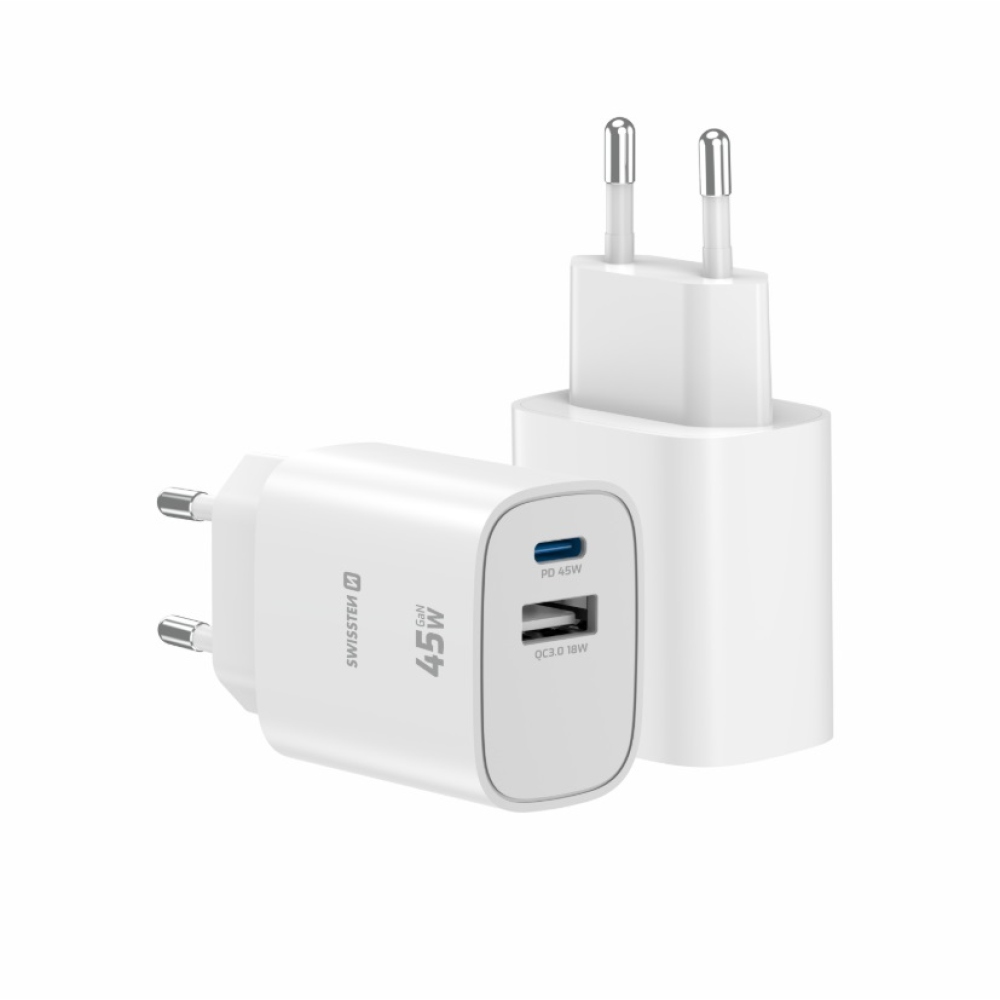 SWISSTEN sieťový adaptér edge GaN 1x USB-C PD 45W + 1x USB-A 18W QC - biely