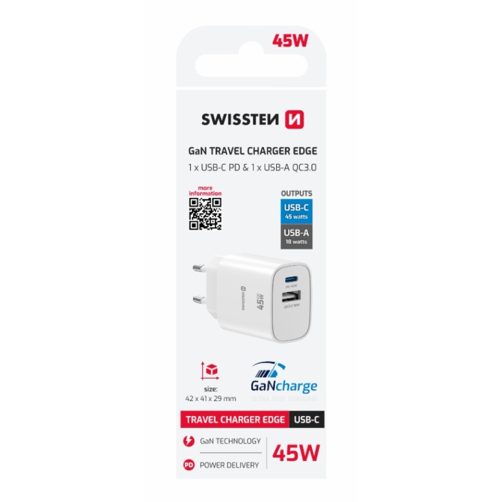 SWISSTEN sieťový adaptér edge GaN 1x USB-C PD 45W + 1x USB-A 18W QC - biely