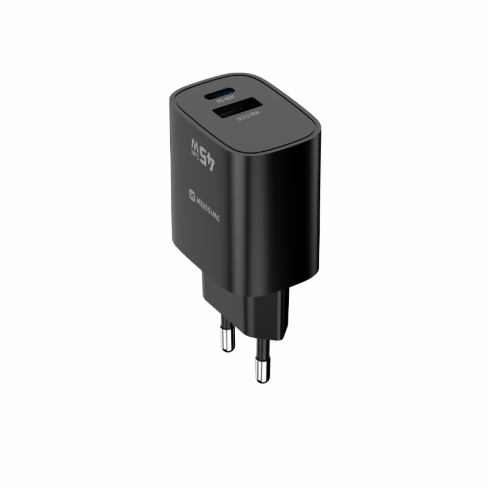 SWISSTEN sieťový adaptér edge GaN 1x USB-C PD 45W + 1x USB-A 18W QC - čierny