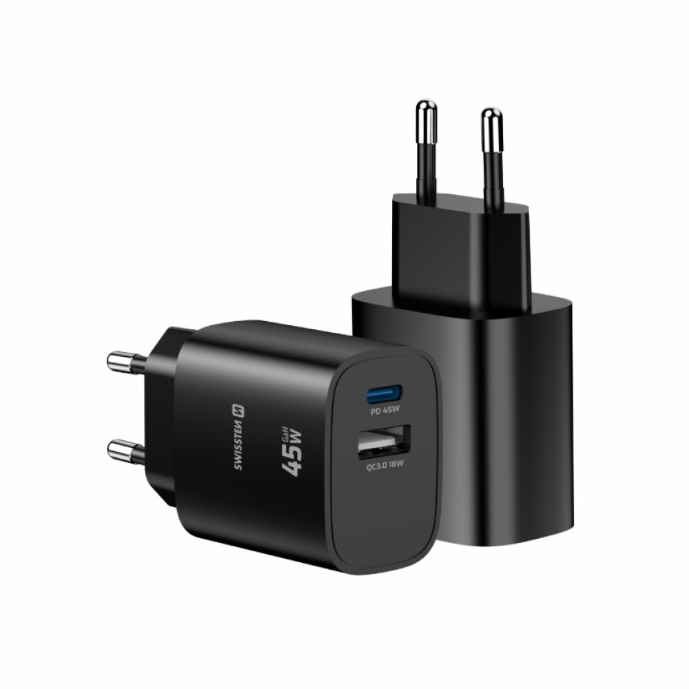 SWISSTEN sieťový adaptér edge GaN 1x USB-C PD 45W + 1x USB-A 18W QC - čierny