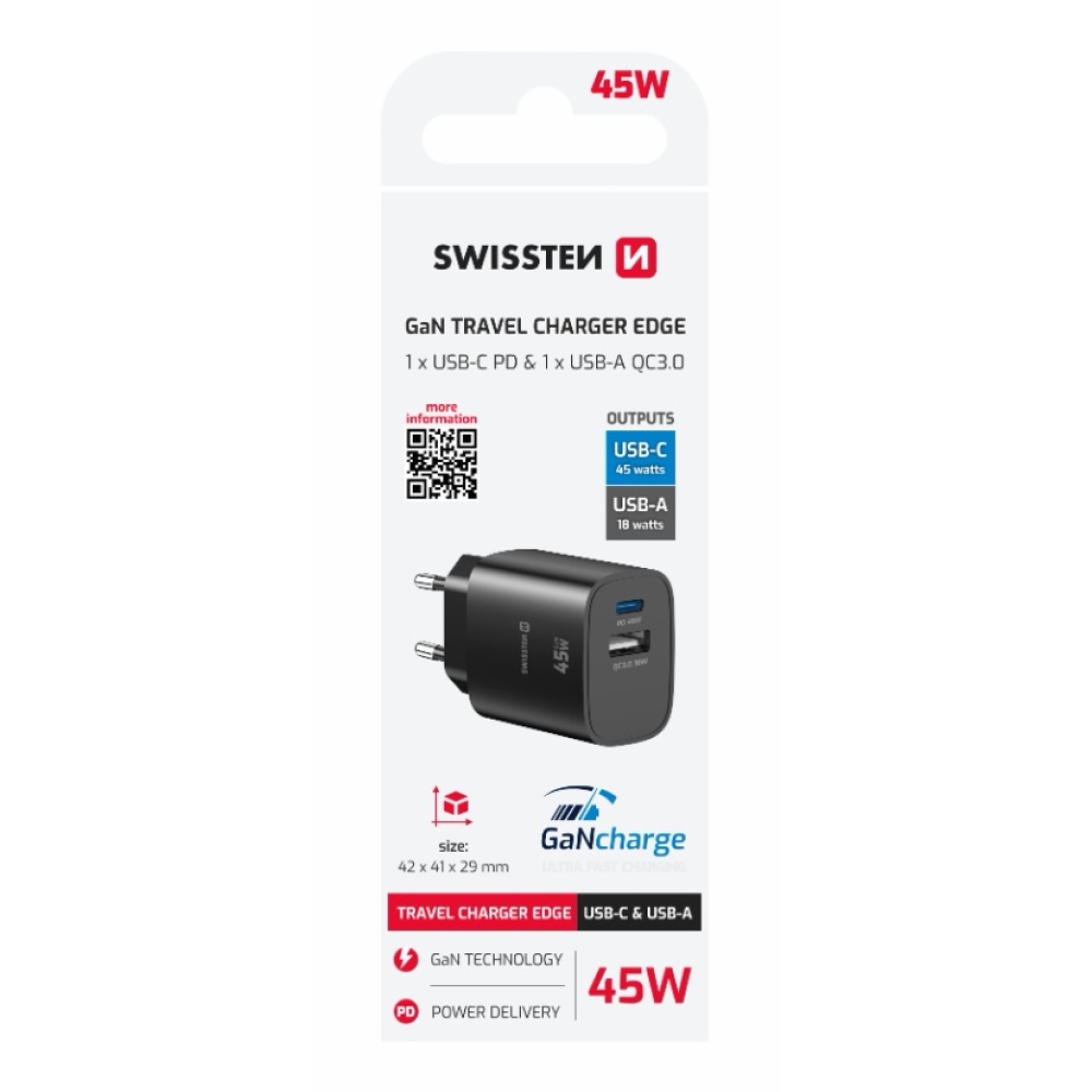 SWISSTEN sieťový adaptér edge GaN 1x USB-C PD 45W + 1x USB-A 18W QC - čierny