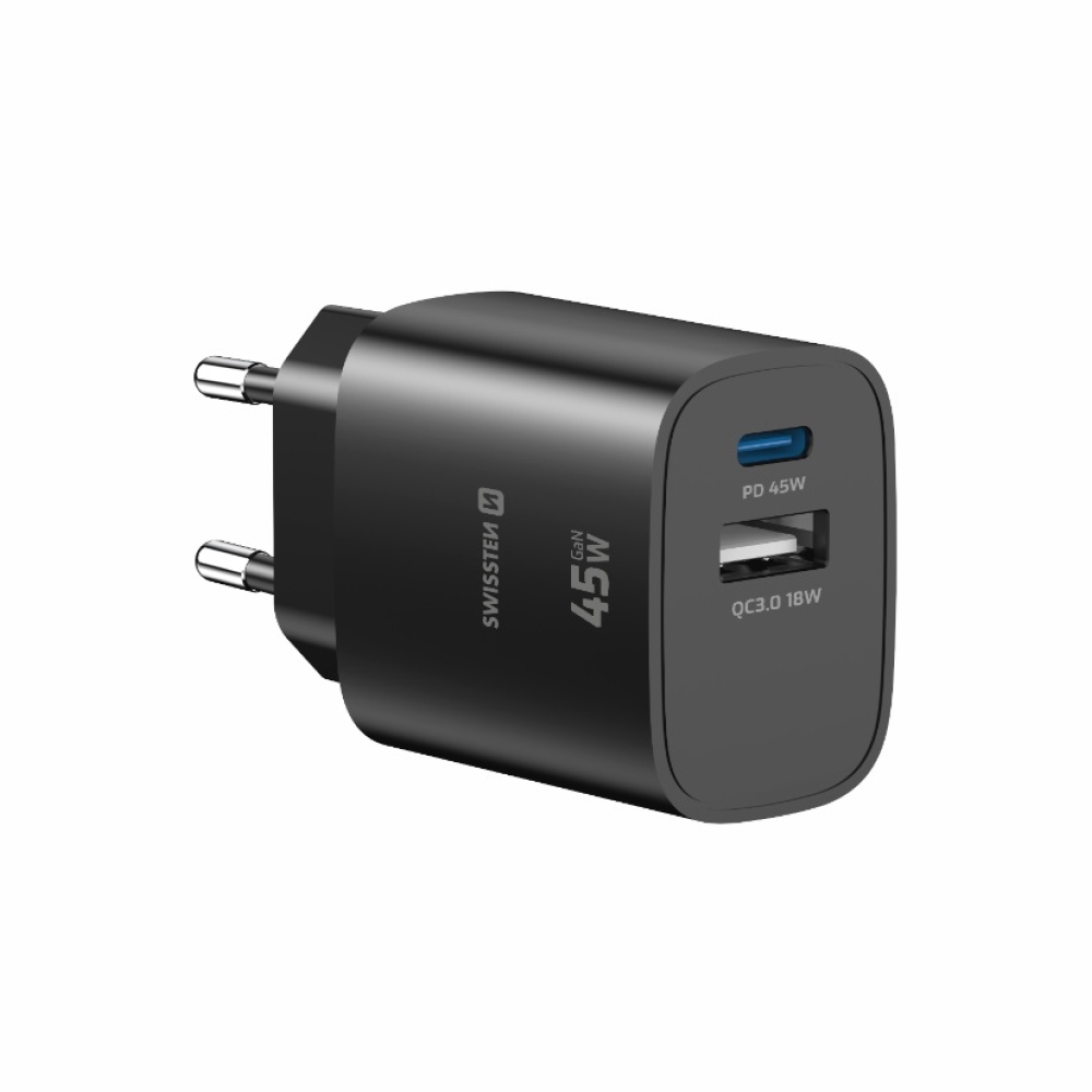 SWISSTEN sieťový adaptér edge GaN 1x USB-C PD 45W + 1x USB-A 18W QC - čierny