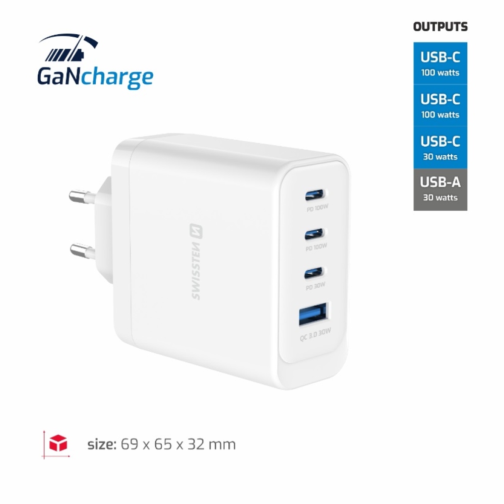 SWISSTEN sieťový adaptér edge GaN 2x USB-C PD 100W + 1x USB-C PD 20W + 1x USB-A QC 30W QC - biely