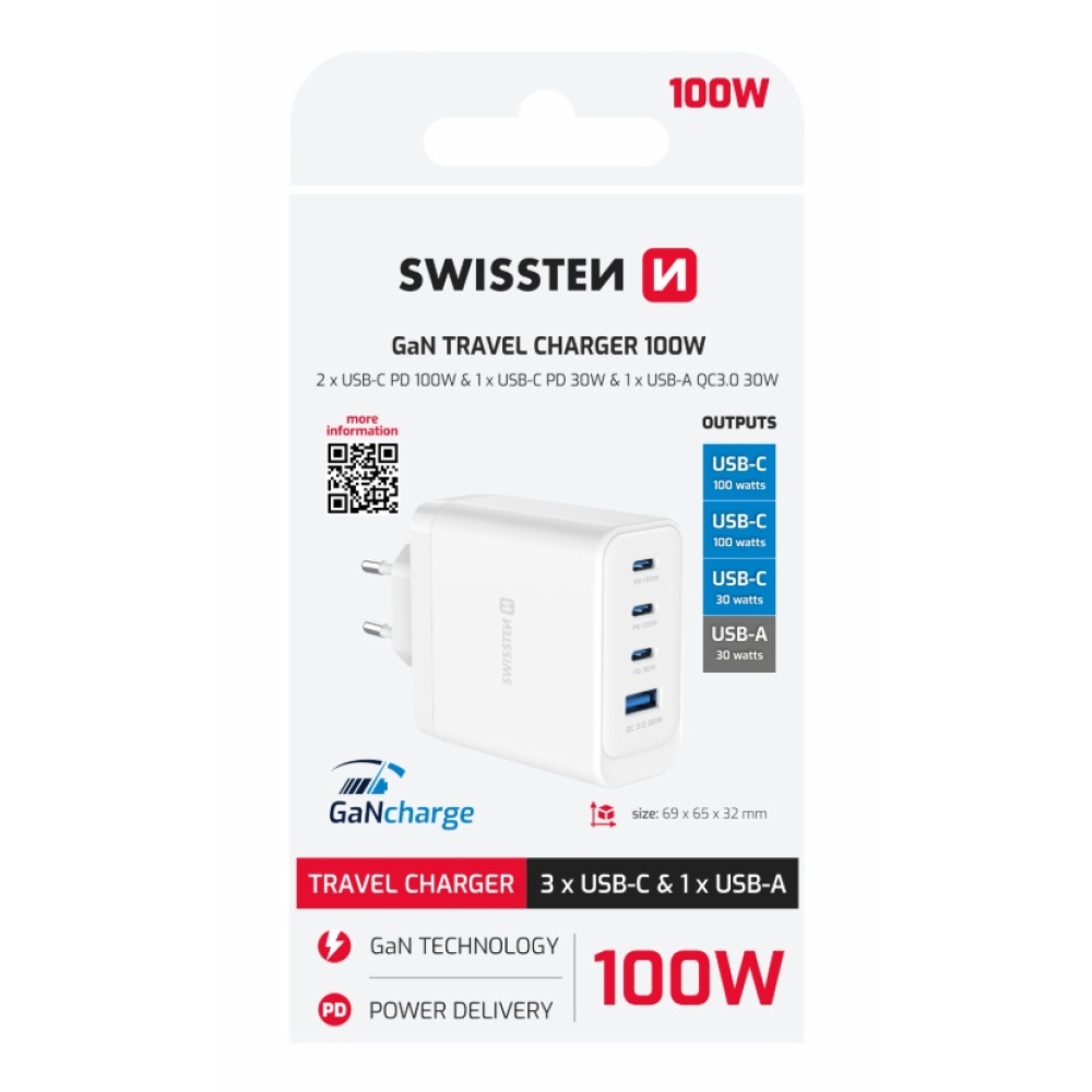 SWISSTEN sieťový adaptér edge GaN 2x USB-C PD 100W + 1x USB-C PD 20W + 1x USB-A QC 30W QC - biely