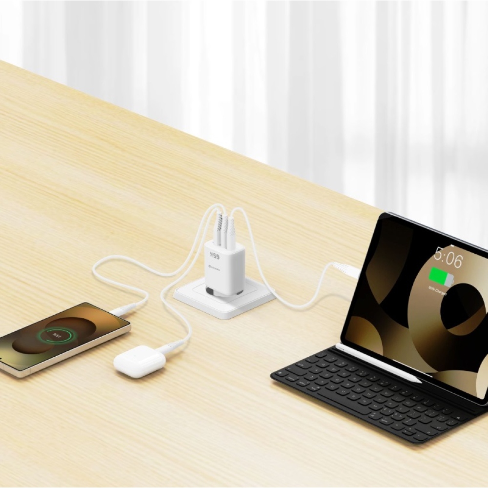 Swissten sieťový adaptér Edge Gan 2x USB-C PD 65W + 1x USB-A 18W QC - biely