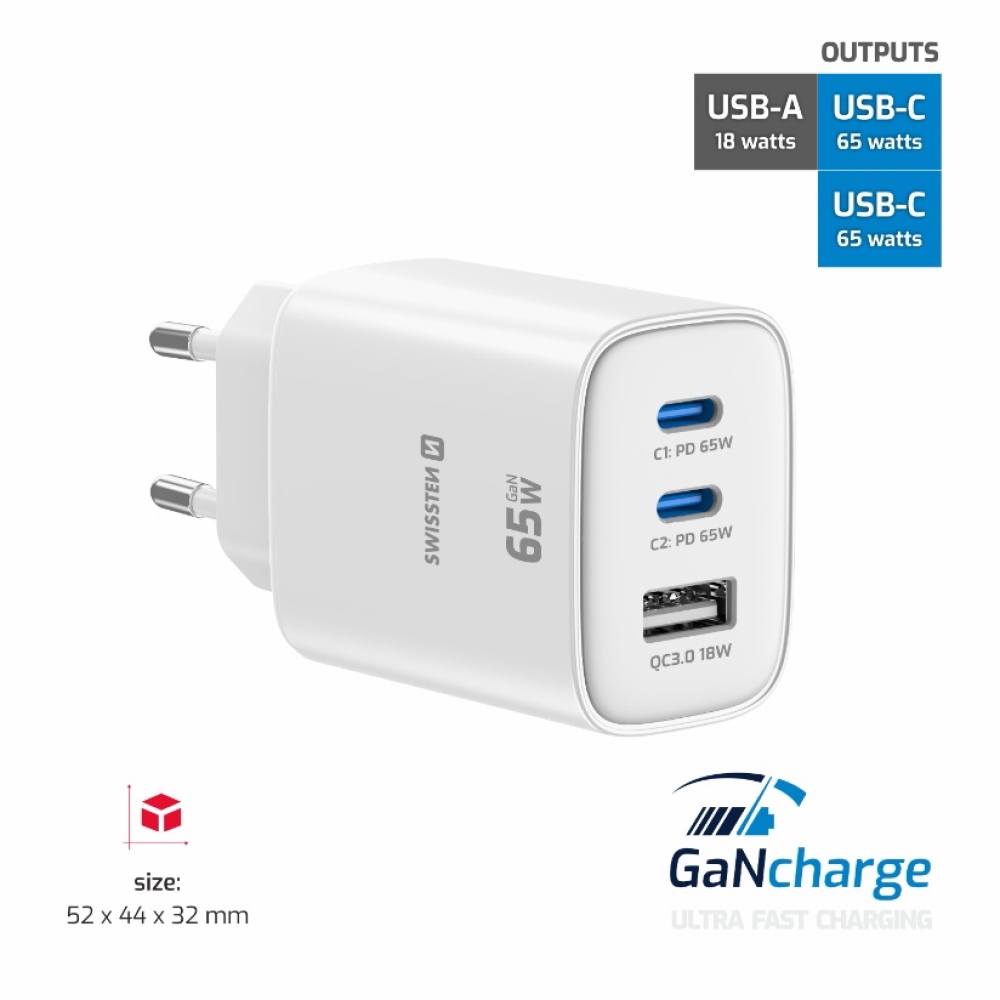 Swissten sieťový adaptér Edge Gan 2x USB-C PD 65W + 1x USB-A 18W QC - biely