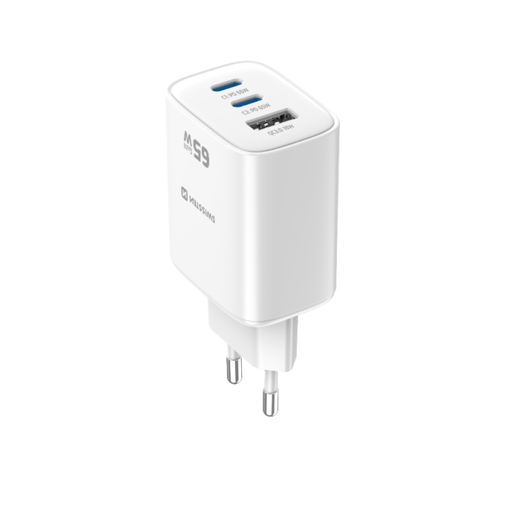 Swissten sieťový adaptér Edge Gan 2x USB-C PD 65W + 1x USB-A 18W QC - biely