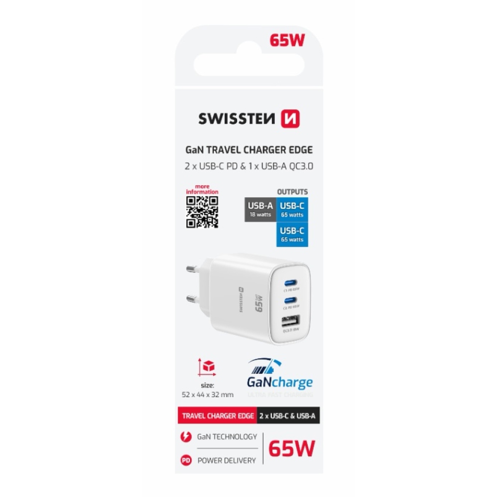 Swissten sieťový adaptér Edge Gan 2x USB-C PD 65W + 1x USB-A 18W QC - biely