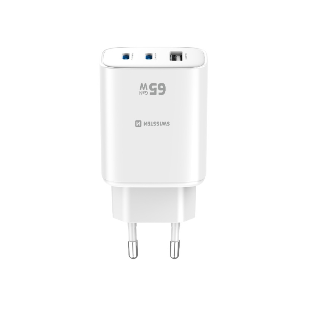 Swissten sieťový adaptér Edge Gan 2x USB-C PD 65W + 1x USB-A 18W QC - biely
