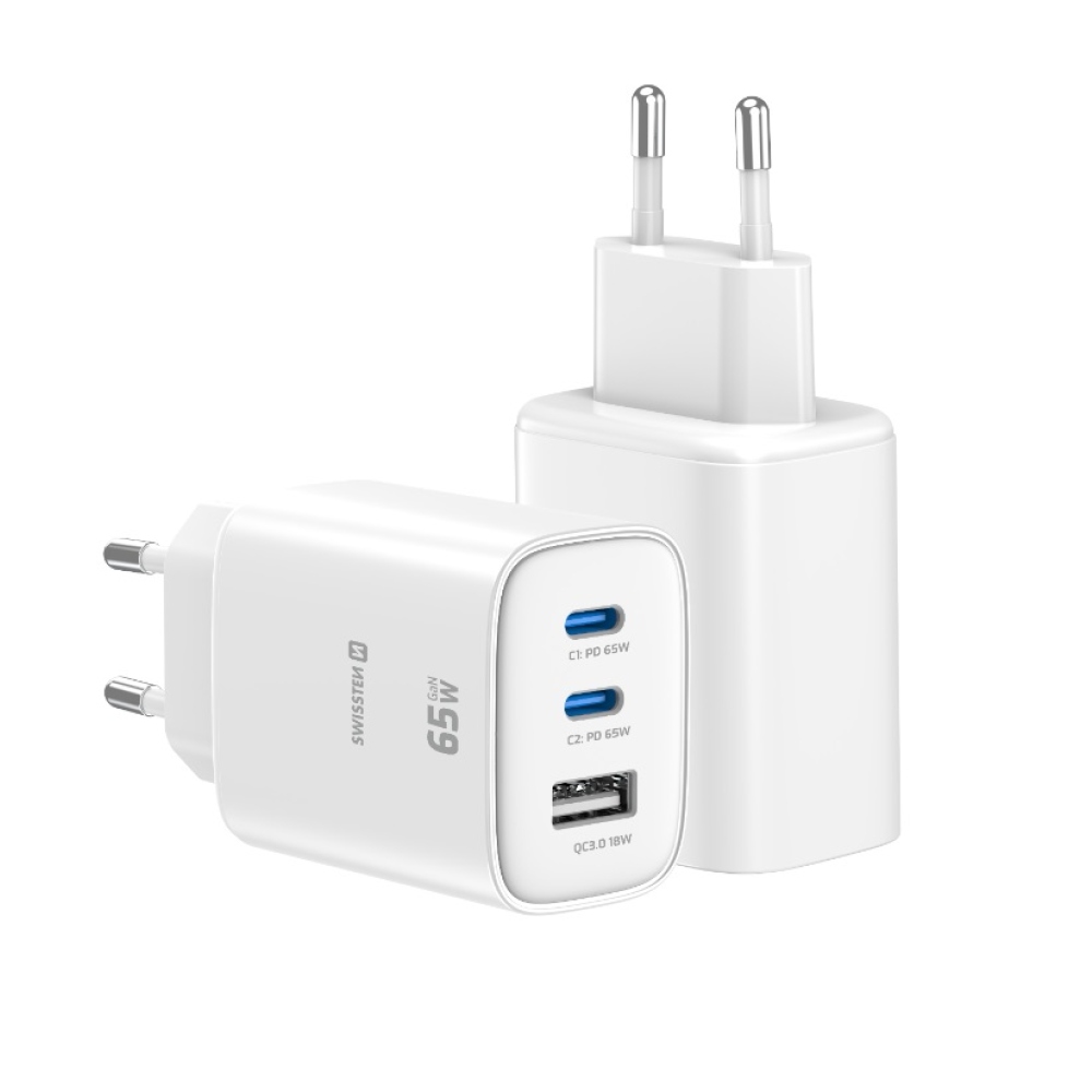 Swissten sieťový adaptér Edge Gan 2x USB-C PD 65W + 1x USB-A 18W QC - biely