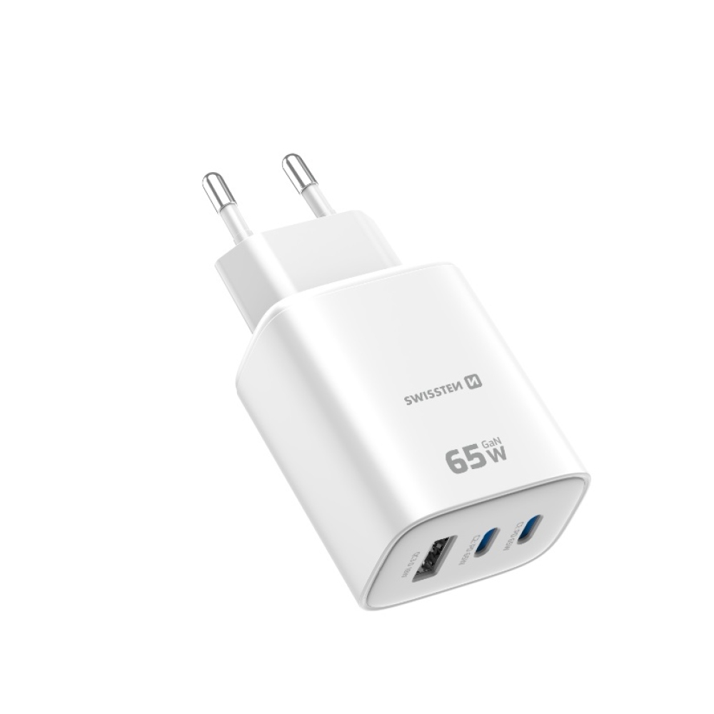 Swissten sieťový adaptér Edge Gan 2x USB-C PD 65W + 1x USB-A 18W QC - biely