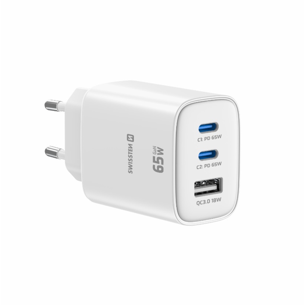 Swissten sieťový adaptér Edge Gan 2x USB-C PD 65W + 1x USB-A 18W QC - biely