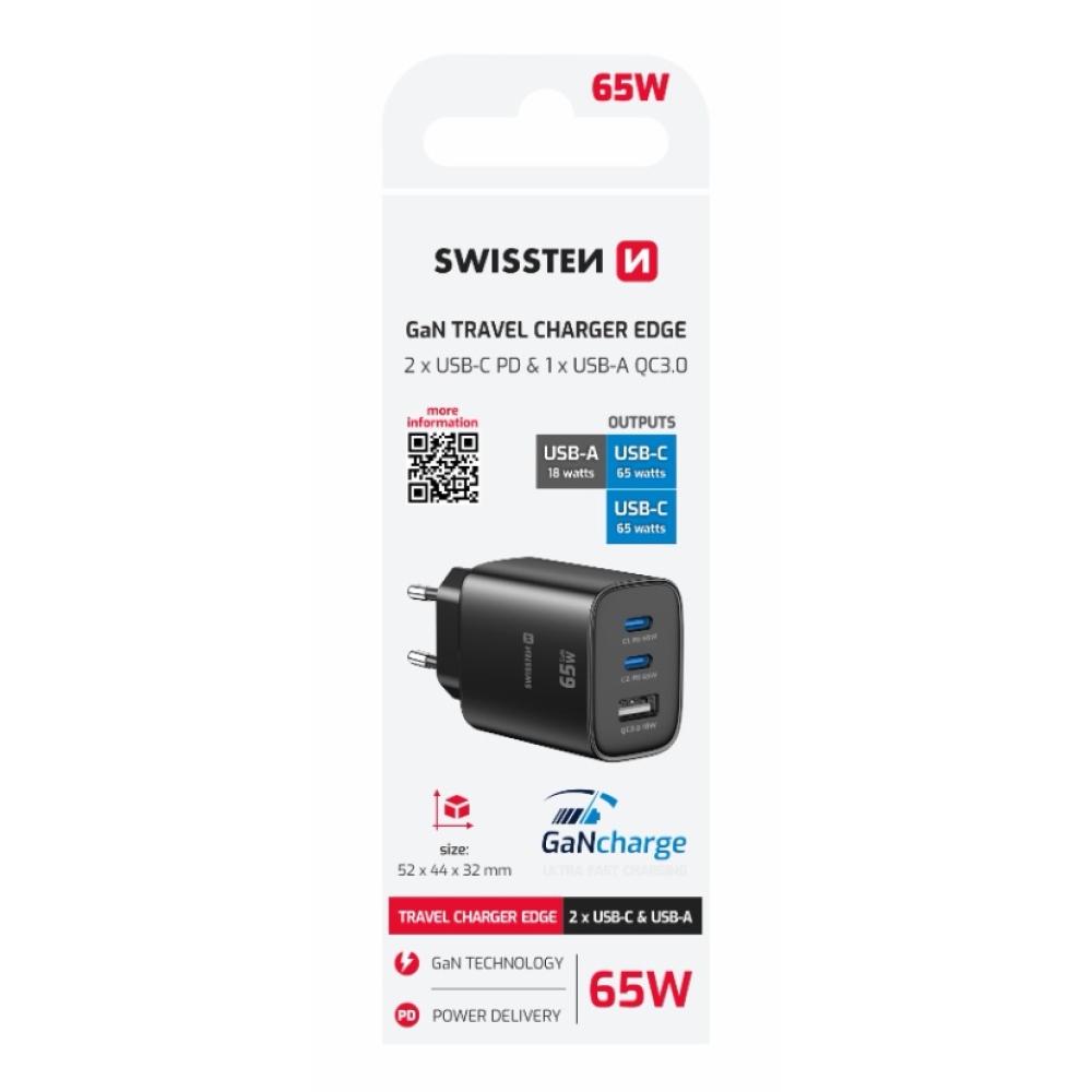 Swissten sieťový adaptér Edge Gan 2x USB-C PD 65W + 1x USB-A 18W QC - čierny