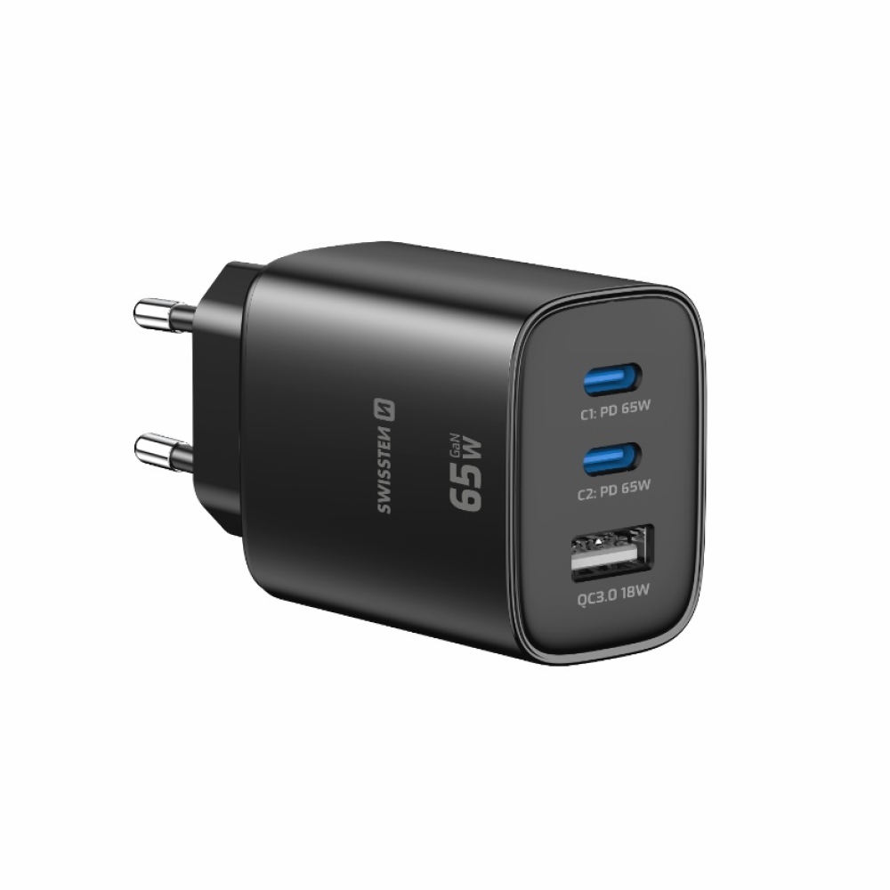 Swissten sieťový adaptér Edge Gan 2x USB-C PD 65W + 1x USB-A 18W QC - čierny