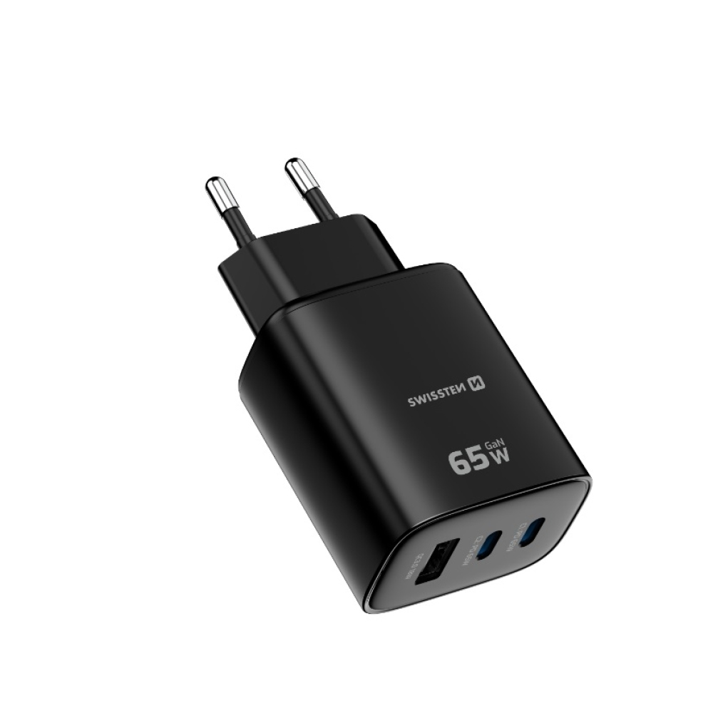 Swissten sieťový adaptér Edge Gan 2x USB-C PD 65W + 1x USB-A 18W QC - čierny