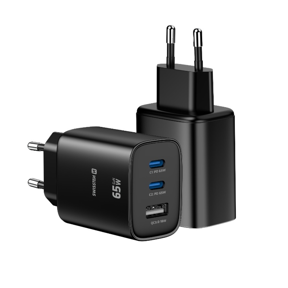 Swissten sieťový adaptér Edge Gan 2x USB-C PD 65W + 1x USB-A 18W QC - čierny