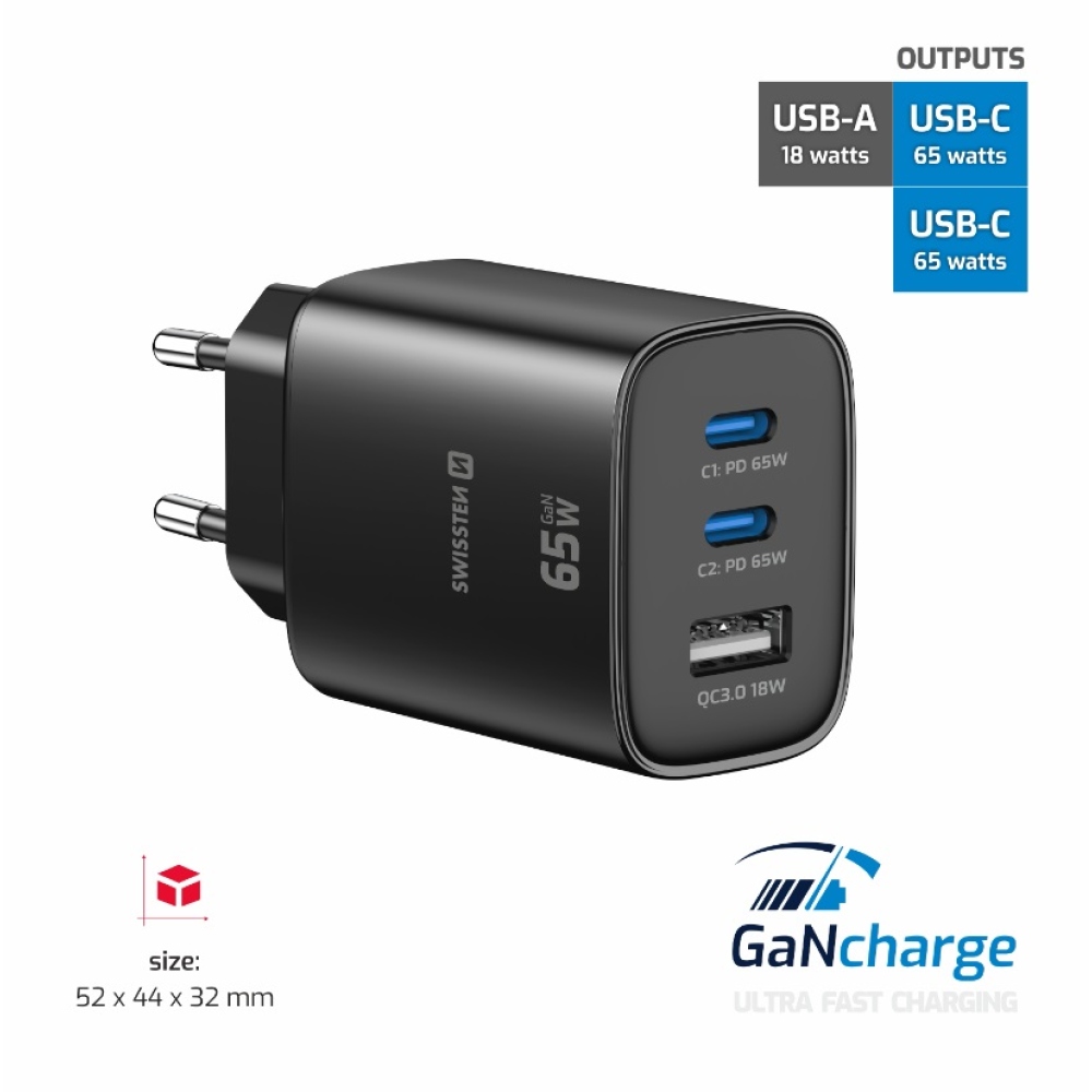 Swissten sieťový adaptér Edge Gan 2x USB-C PD 65W + 1x USB-A 18W QC - čierny