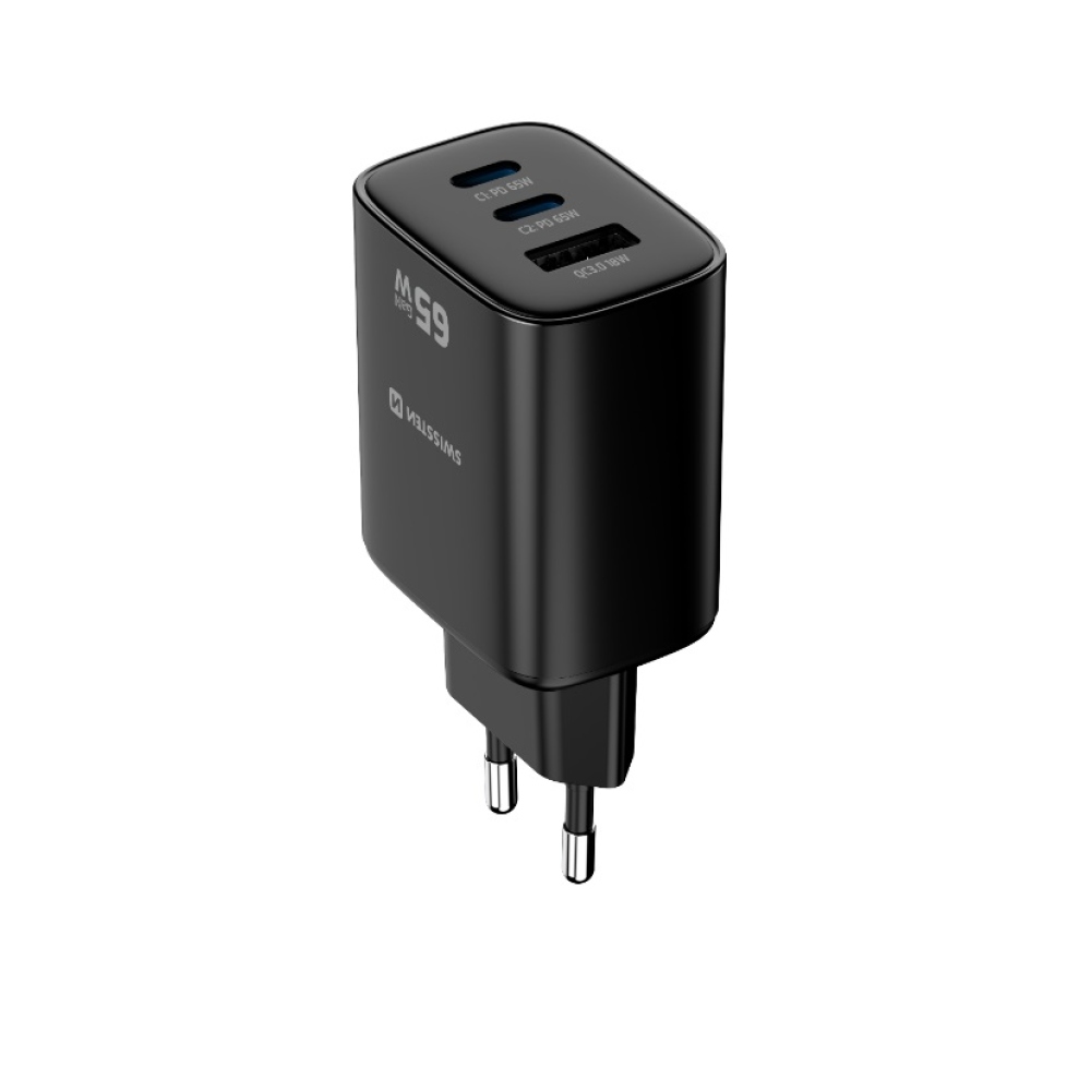 Swissten sieťový adaptér Edge Gan 2x USB-C PD 65W + 1x USB-A 18W QC - čierny