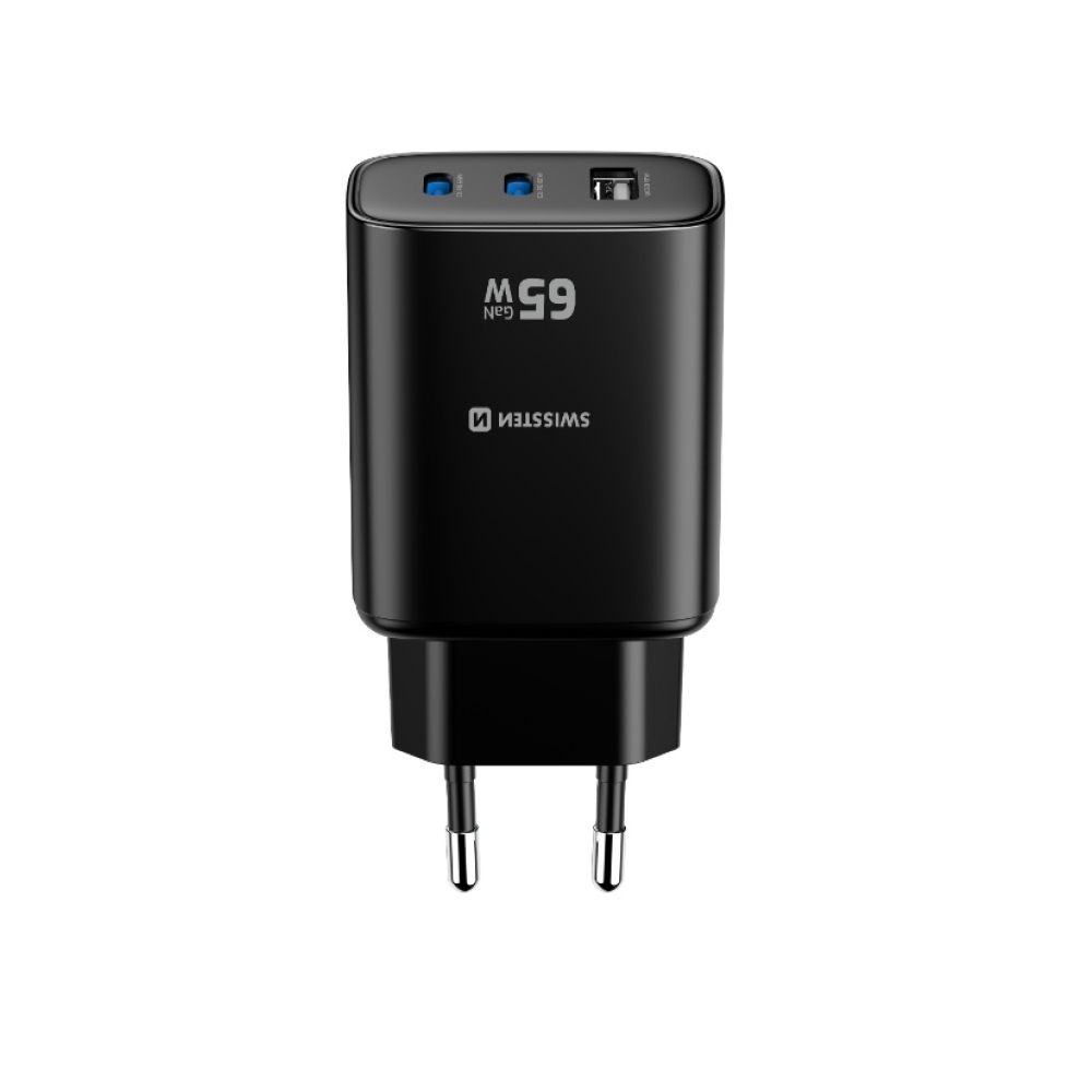 Swissten sieťový adaptér Edge Gan 2x USB-C PD 65W + 1x USB-A 18W QC - čierny