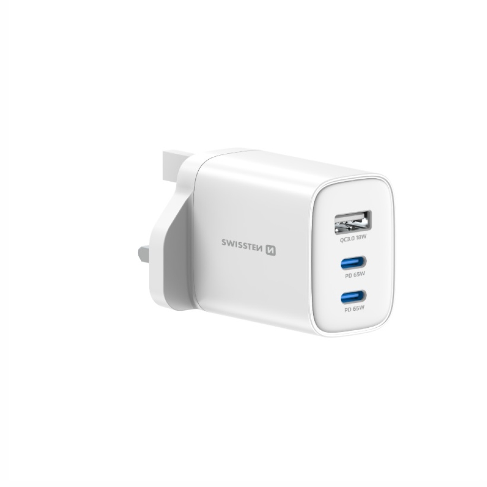 Swissten sieťový adaptér Edge Gan 2x USB-C PD 65W + 1x USB-A 18W QC, pre UK zásuvku - biely
