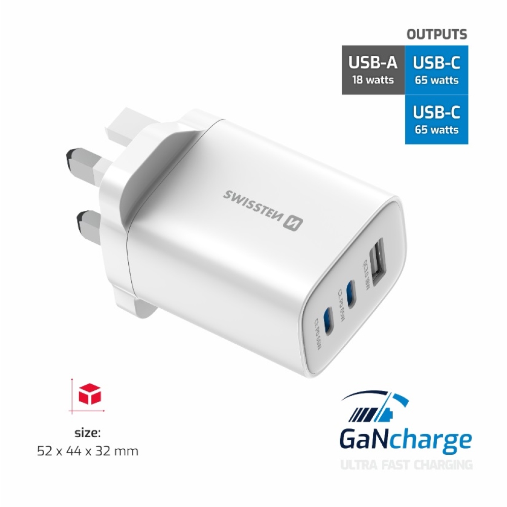 Swissten sieťový adaptér Edge Gan 2x USB-C PD 65W + 1x USB-A 18W QC, pre UK zásuvku - biely