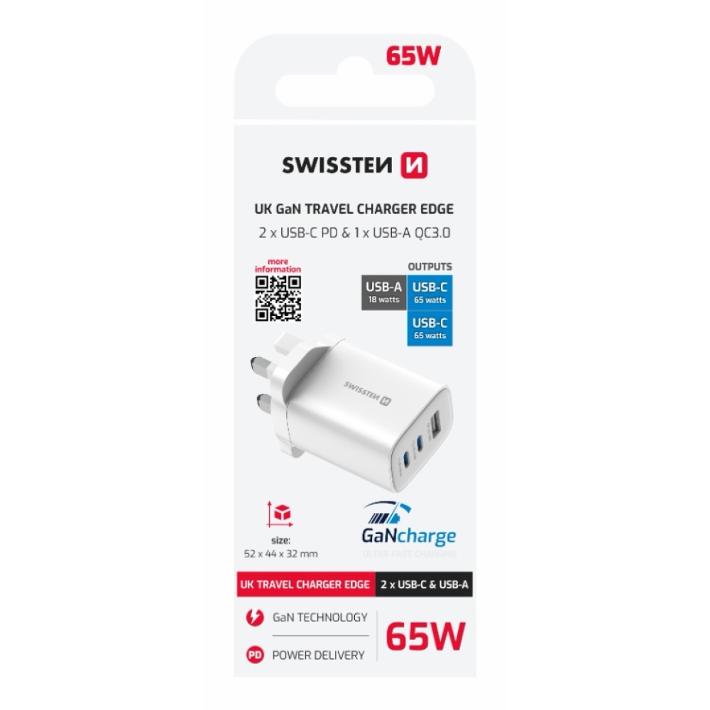 Swissten sieťový adaptér Edge Gan 2x USB-C PD 65W + 1x USB-A 18W QC, pre UK zásuvku - biely