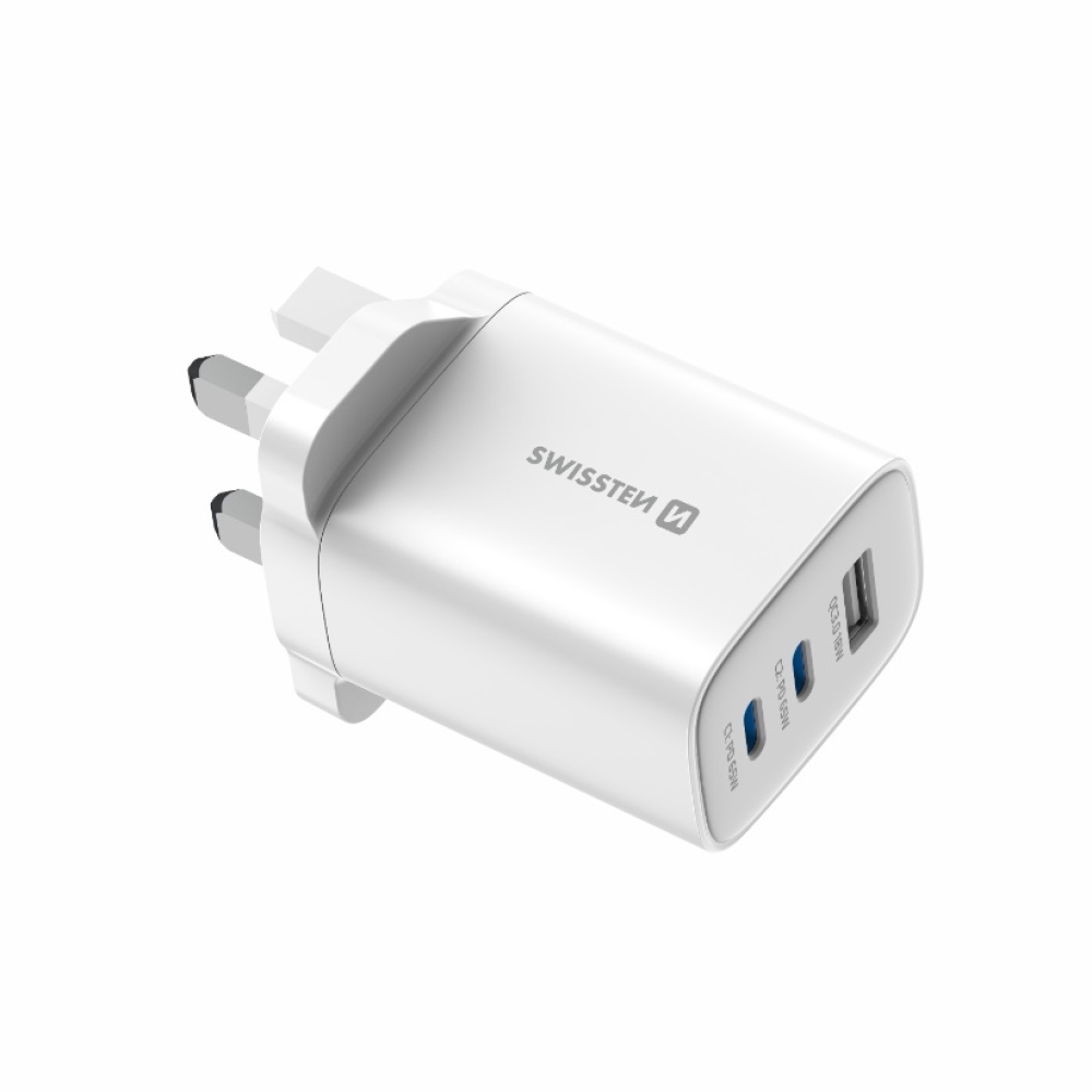 Swissten sieťový adaptér Edge Gan 2x USB-C PD 65W + 1x USB-A 18W QC, pre UK zásuvku - biely