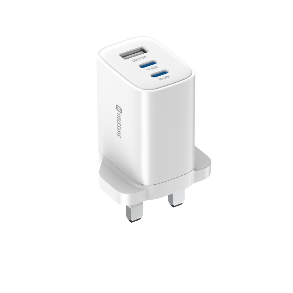 Swissten sieťový adaptér Edge Gan 2x USB-C PD 65W + 1x USB-A 18W QC, pre UK zásuvku - biely