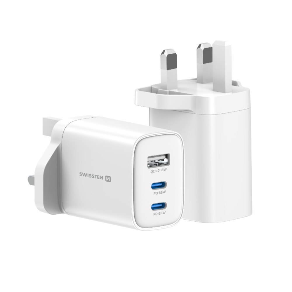 Swissten sieťový adaptér Edge Gan 2x USB-C PD 65W + 1x USB-A 18W QC, pre UK zásuvku - biely