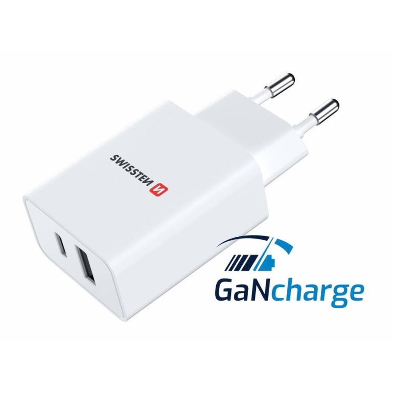 Swissten sieťový adaptér GaN 1x USB-C + 1x USB 30W - biely