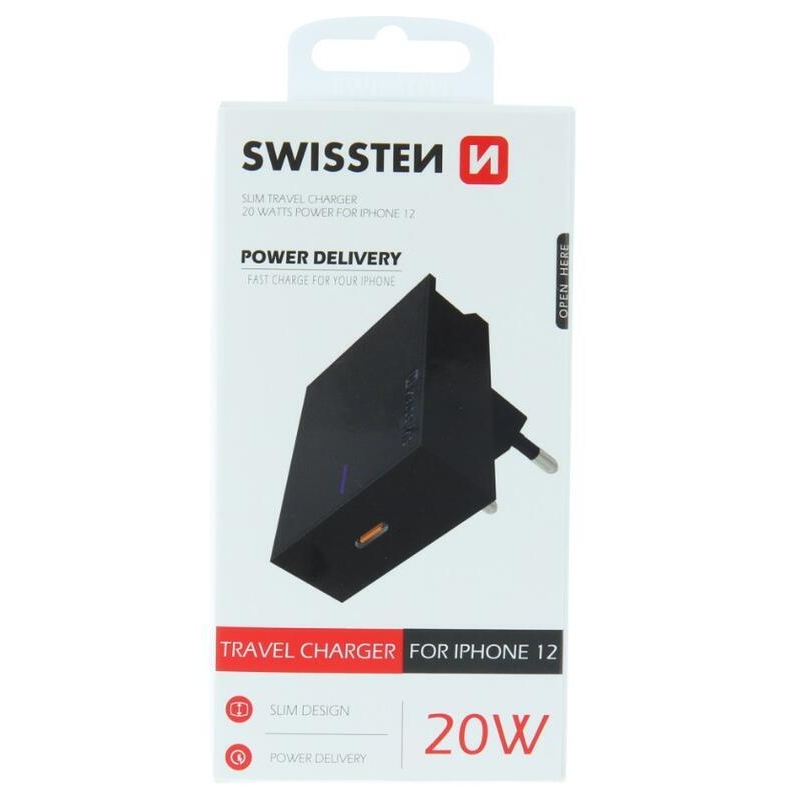 Swissten sieťový adaptér pre iPhone power delivery 20W - čierny