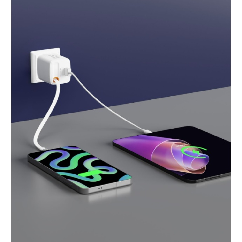 SWISSTEN sieťový adaptér SlideCHARGE GaN 30W, 1x USB-A 18W so zaťahovacím USB-C kabelem 0,75m - biely