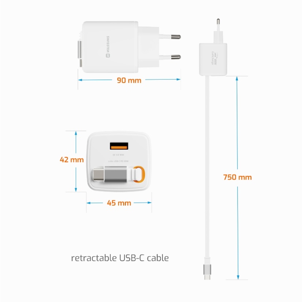 SWISSTEN sieťový adaptér SlideCHARGE GaN 30W, 1x USB-A 18W so zaťahovacím USB-C kabelem 0,75m - biely