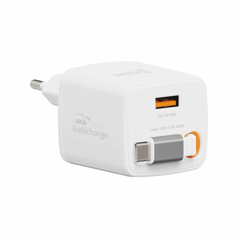 SWISSTEN sieťový adaptér SlideCHARGE GaN 30W, 1x USB-A 18W so zaťahovacím USB-C kabelem 0,75m - biely