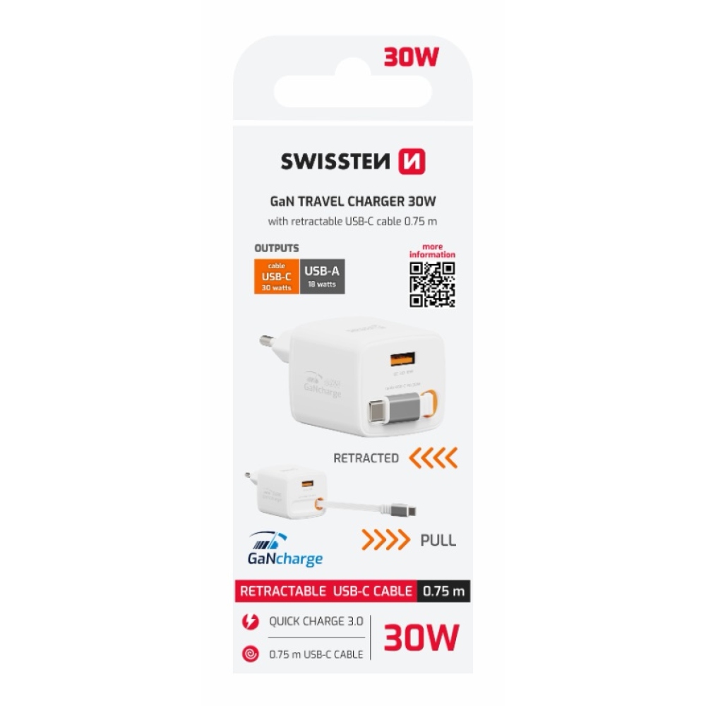 SWISSTEN sieťový adaptér SlideCHARGE GaN 30W, 1x USB-A 18W so zaťahovacím USB-C kabelem 0,75m - biely