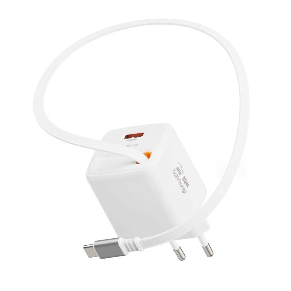 SWISSTEN sieťový adaptér SlideCHARGE GaN 30W, 1x USB-A 18W so zaťahovacím USB-C kabelem 0,75m - biely