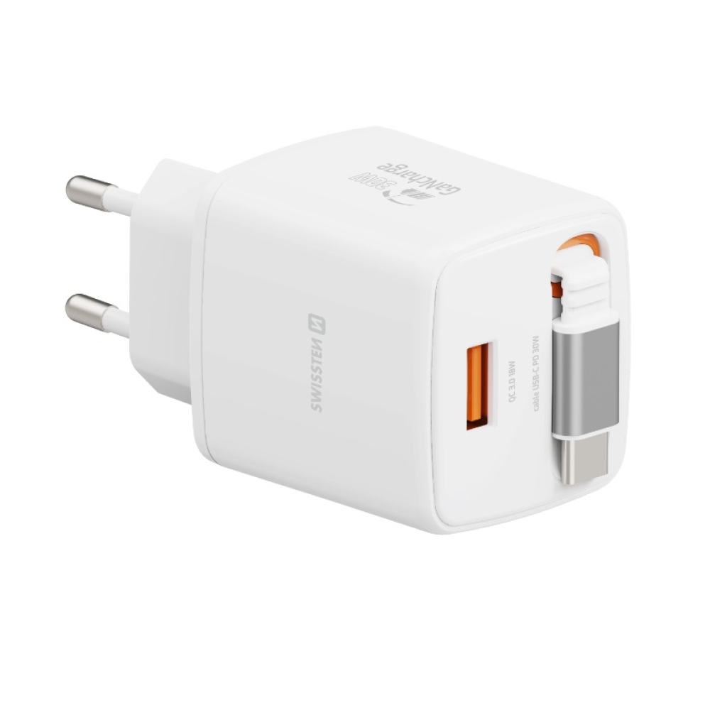 SWISSTEN sieťový adaptér SlideCHARGE GaN 30W, 1x USB-A 18W so zaťahovacím USB-C kabelem 0,75m - biely