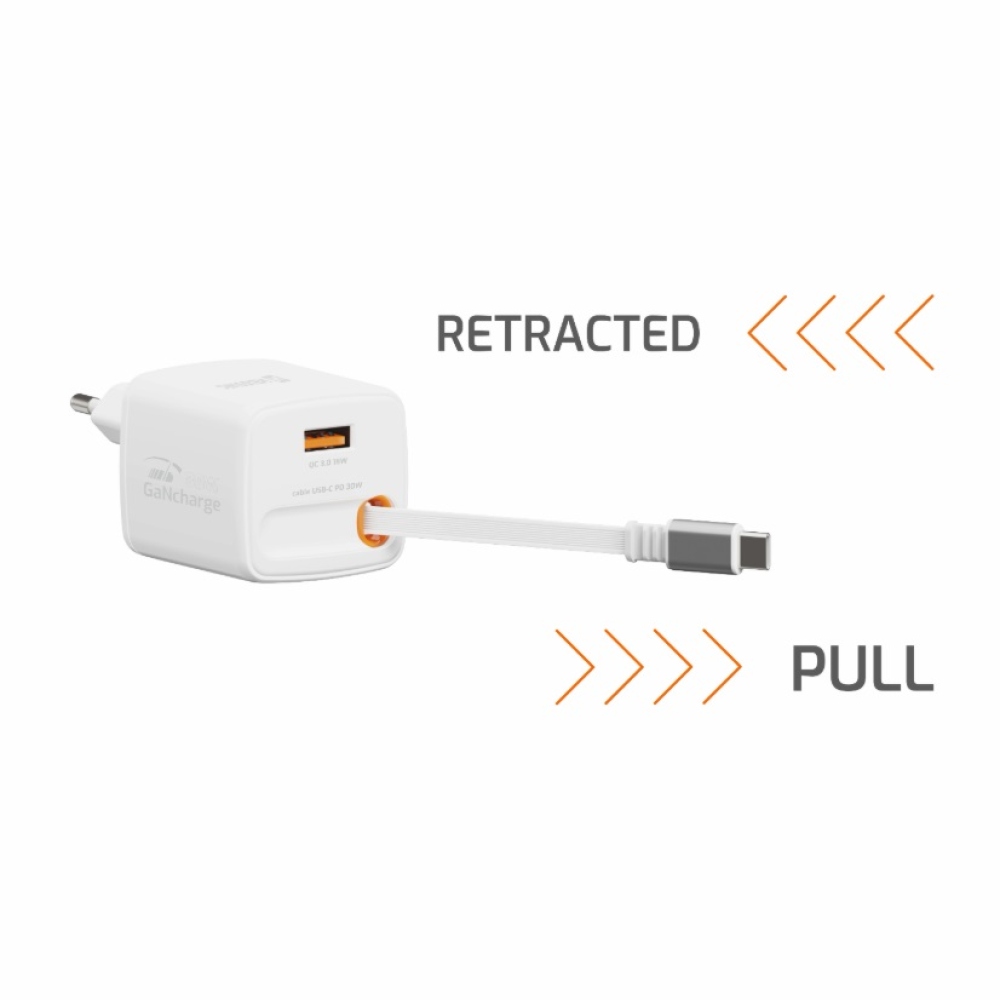 SWISSTEN sieťový adaptér SlideCHARGE GaN 30W, 1x USB-A 18W so zaťahovacím USB-C kabelem 0,75m - biely