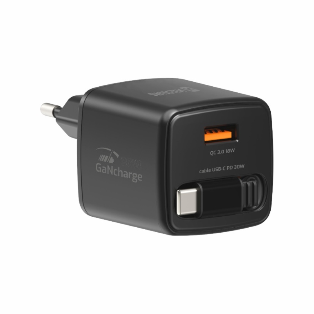 SWISSTEN sieťový adaptér SlideCHARGE GaN 30W, 1x USB-A 18W so zaťahovacím USB-C kabelem 0,75m - čierny