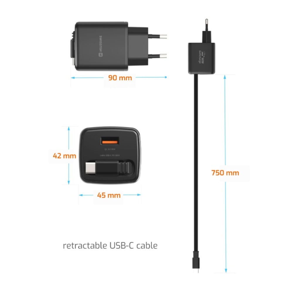 SWISSTEN sieťový adaptér SlideCHARGE GaN 30W, 1x USB-A 18W so zaťahovacím USB-C kabelem 0,75m - čierny