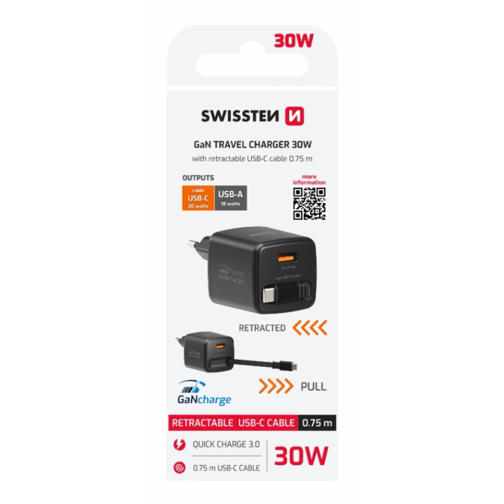 SWISSTEN sieťový adaptér SlideCHARGE GaN 30W, 1x USB-A 18W so zaťahovacím USB-C kabelem 0,75m - čierny