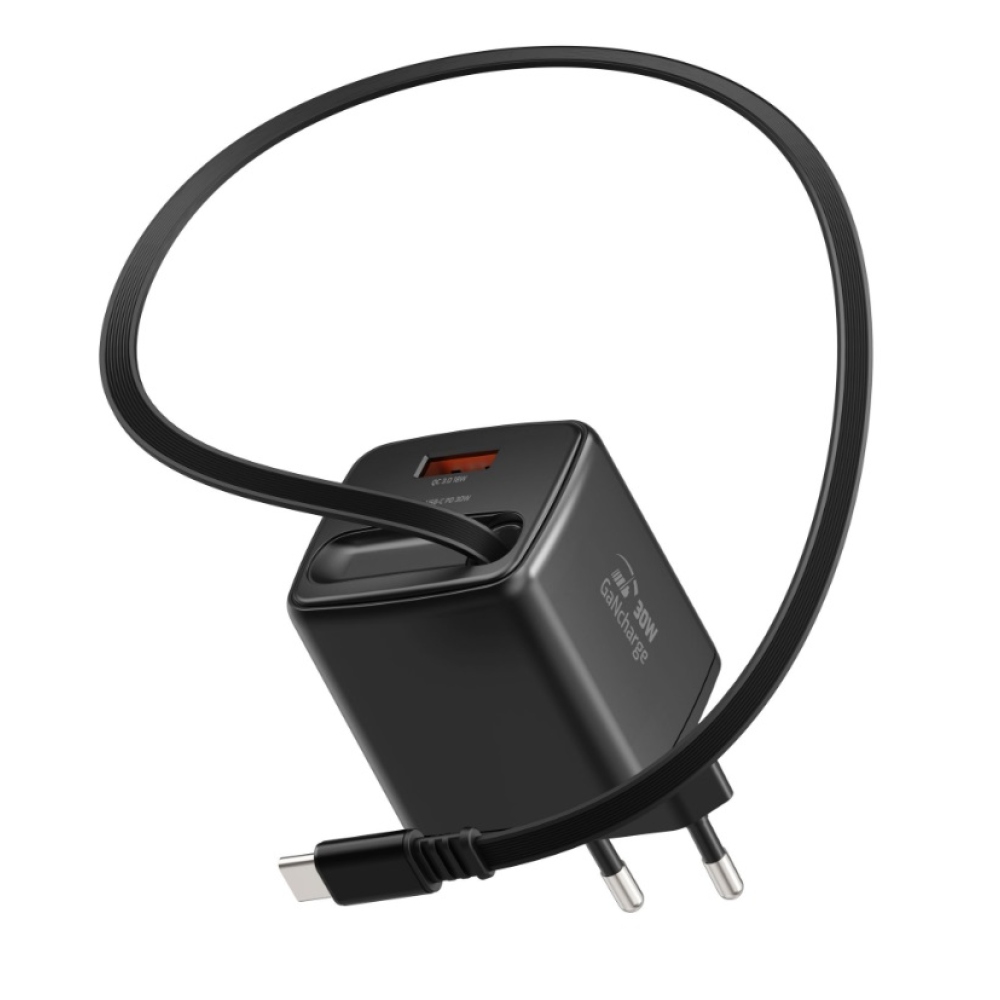 SWISSTEN sieťový adaptér SlideCHARGE GaN 30W, 1x USB-A 18W so zaťahovacím USB-C kabelem 0,75m - čierny