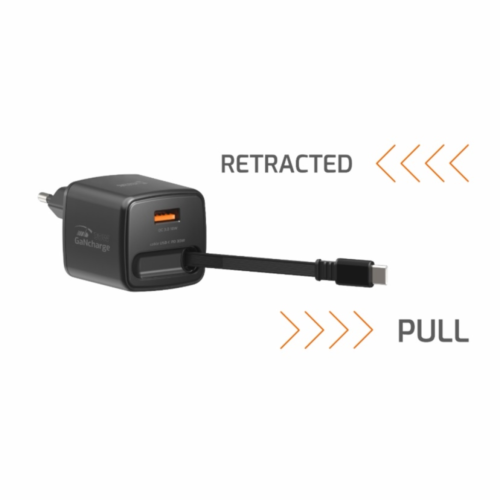 SWISSTEN sieťový adaptér SlideCHARGE GaN 30W, 1x USB-A 18W so zaťahovacím USB-C kabelem 0,75m - čierny