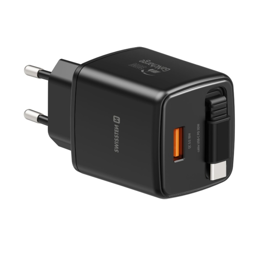 SWISSTEN sieťový adaptér SlideCHARGE GaN 30W, 1x USB-A 18W so zaťahovacím USB-C kabelem 0,75m - čierny