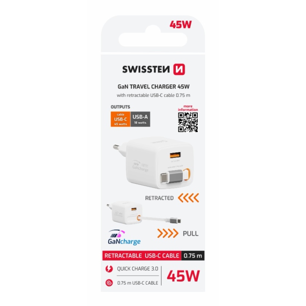 SWISSTEN sieťový adaptér SlideCHARGE GaN 45W, 1x USB-A 18W so zaťahovacím USB-C káblom 0,75m - biely